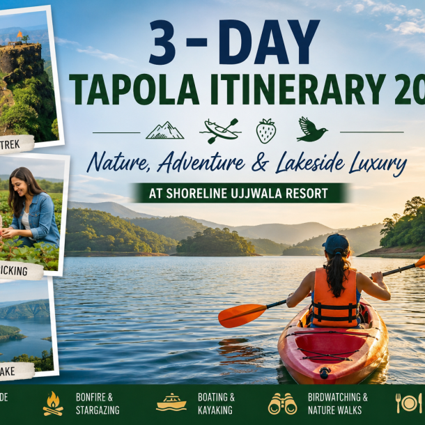 Woman kayaking on Shivsagar Lake during sunset in Tapola with views of Vasota Fort, strawberry farms, and Shoreline Ujjwala Resort activities.