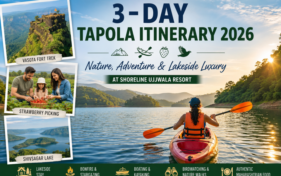 Woman kayaking on Shivsagar Lake during sunset in Tapola with views of Vasota Fort, strawberry farms, and Shoreline Ujjwala Resort activities.