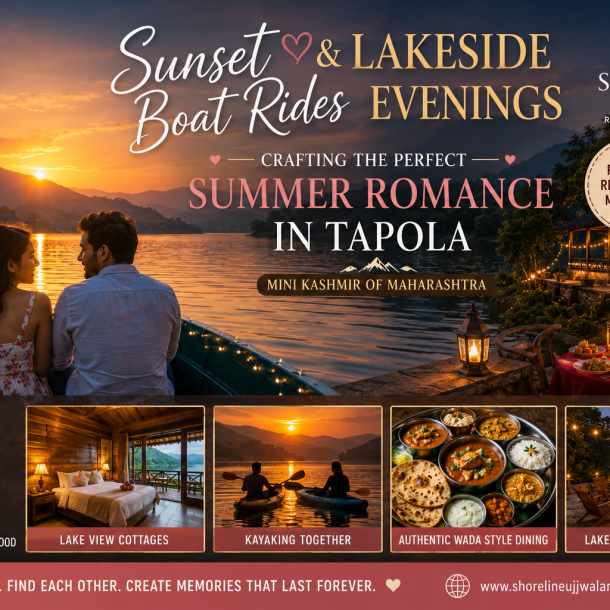 Romantic couple enjoying a sunset boat ride on Shivsagar Lake in Tapola with lakeside cottage views and Sahyadri mountains in the background.