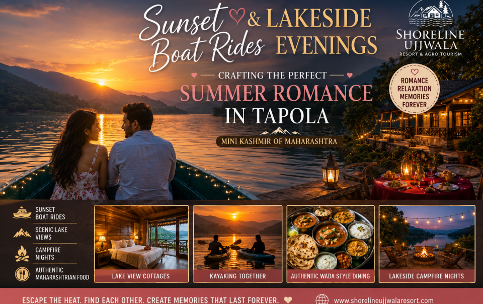 Romantic couple enjoying a sunset boat ride on Shivsagar Lake in Tapola with lakeside cottage views and Sahyadri mountains in the background.