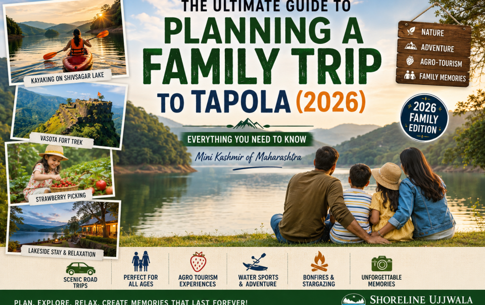 Family enjoying a lakeside vacation in Tapola with kayaking, Vasota Fort trekking, strawberry picking, and scenic Shivsagar Lake views in Maharashtra.
