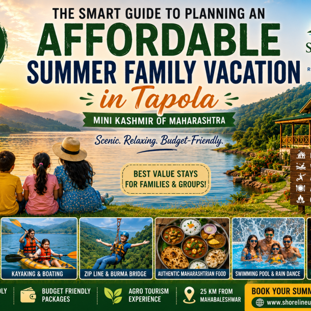Family enjoying a lakeside summer vacation in Tapola with Shivsagar Lake views, kayaking, lake-view cottages, and outdoor activities at Shoreline Ujjwala Resort.