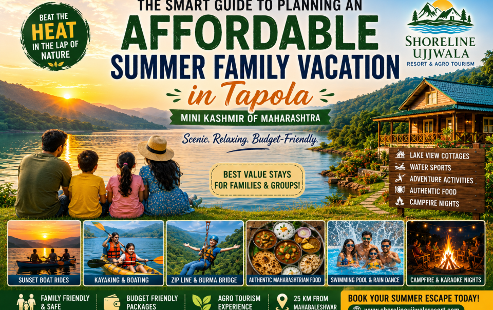 Family enjoying a lakeside summer vacation in Tapola with Shivsagar Lake views, kayaking, lake-view cottages, and outdoor activities at Shoreline Ujjwala Resort.