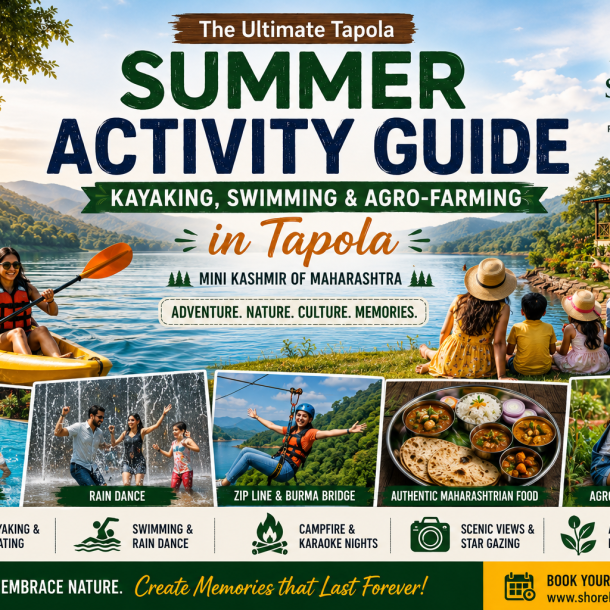 Family enjoying kayaking on Shivsagar Lake in Tapola with agro-farming activities, swimming pool fun, and scenic Sahyadri mountain views at Shoreline Ujjwala Resort.