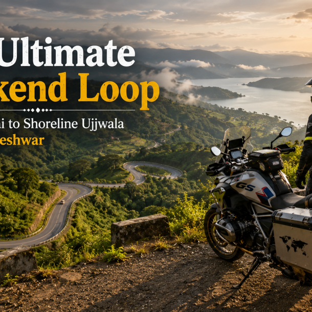 Adventure motorcycle rider overlooking Pasarni Ghat on the scenic Mahabaleshwar to Tapola route with Shivsagar Lake and Sahyadri mountains in Maharashtra.