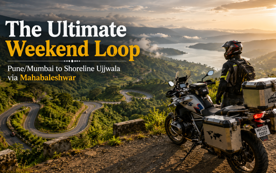 Adventure motorcycle rider overlooking Pasarni Ghat on the scenic Mahabaleshwar to Tapola route with Shivsagar Lake and Sahyadri mountains in Maharashtra.