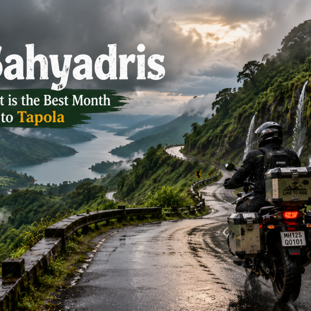 Adventure motorcyclist riding through misty monsoon roads between Mahabaleshwar and Tapola with waterfalls, Sahyadri mountains and Shivsagar Lake in Maharashtra.