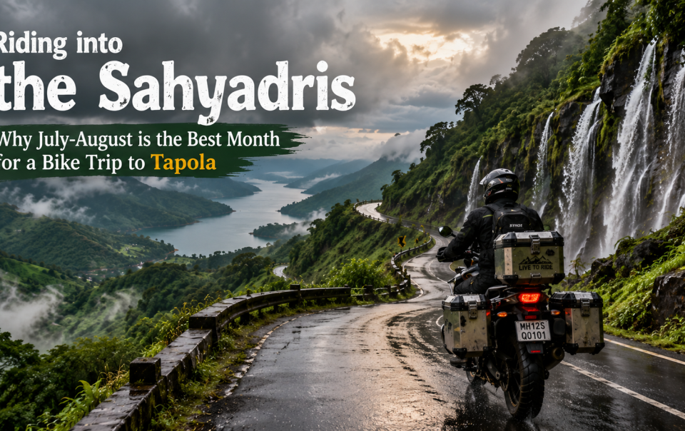Adventure motorcyclist riding through misty monsoon roads between Mahabaleshwar and Tapola with waterfalls, Sahyadri mountains and Shivsagar Lake in Maharashtra.