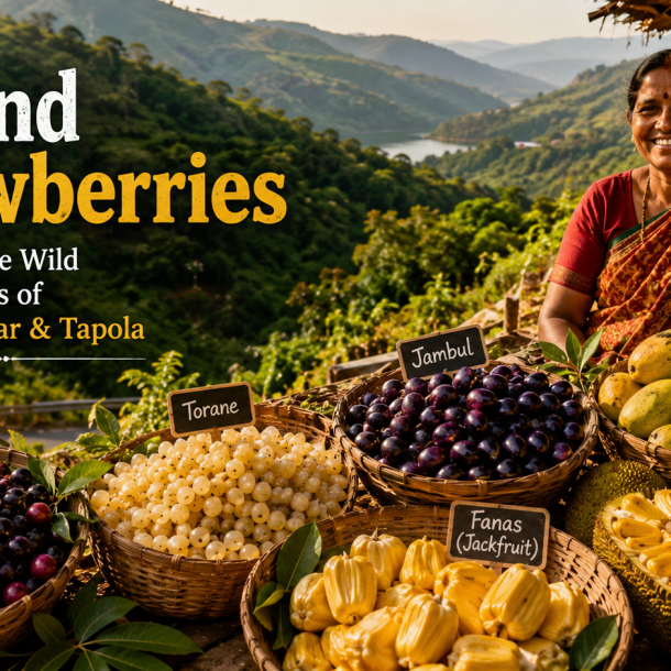 Roadside baskets filled with Karvand, Jambul, Torane, wild mangoes and jackfruit overlooking the scenic Sahyadri hills near Mahabaleshwar and Tapola during summer.