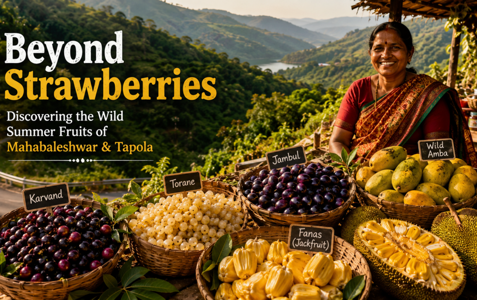 Roadside baskets filled with Karvand, Jambul, Torane, wild mangoes and jackfruit overlooking the scenic Sahyadri hills near Mahabaleshwar and Tapola during summer.