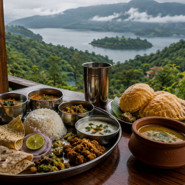 Traditional Indian meal with chapati, rice, puri, dal and vegetable dishes served with a scenic lake view in Tapola, Maharashtra.
